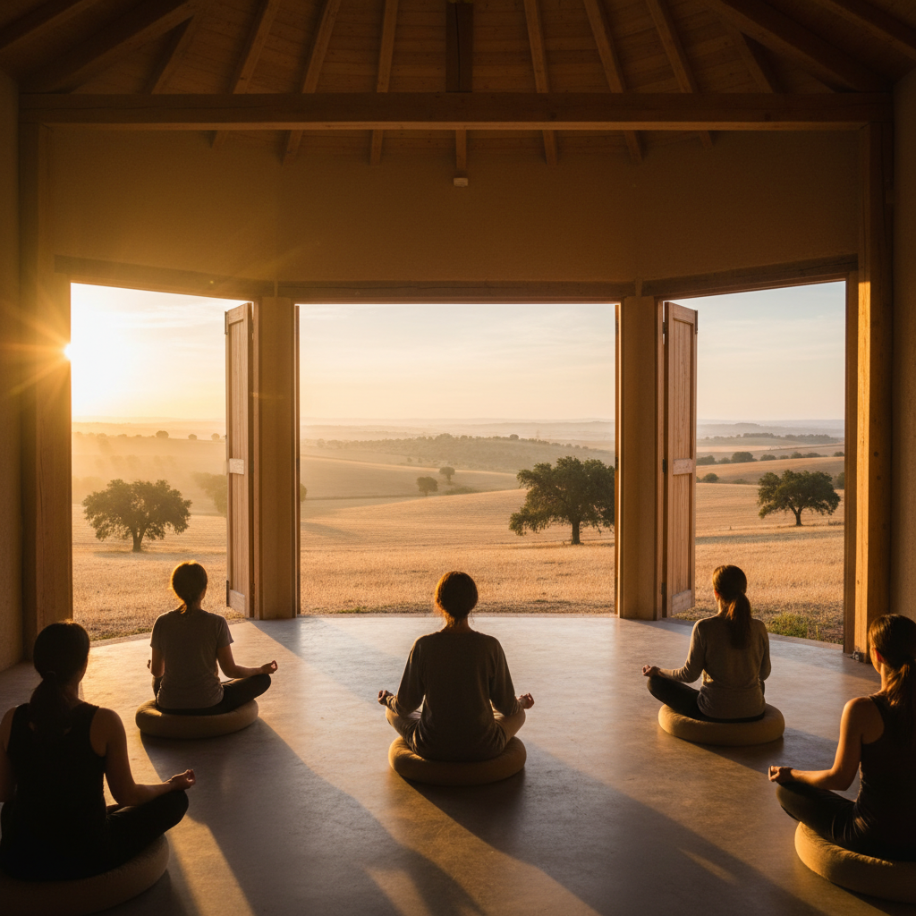 Meditators in silent practice inside a wooden pagoda at sunrise with Alentejo landscape