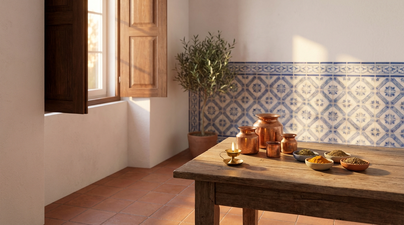 An Ayurvedic consultation room in Lisbon with copper vessels, dried herbs in ceramic bowls, warm light through wooden shutters, and traditional Portuguese tiles on the wall