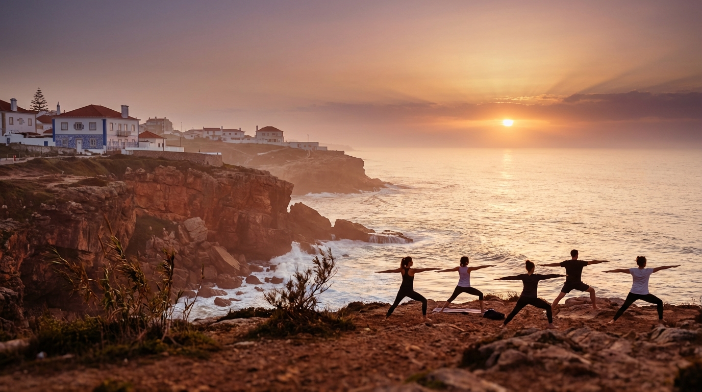 An outdoor yoga session at sunset on the cliffs above Ericeira, Portugal, with the Atlantic Ocean in the background