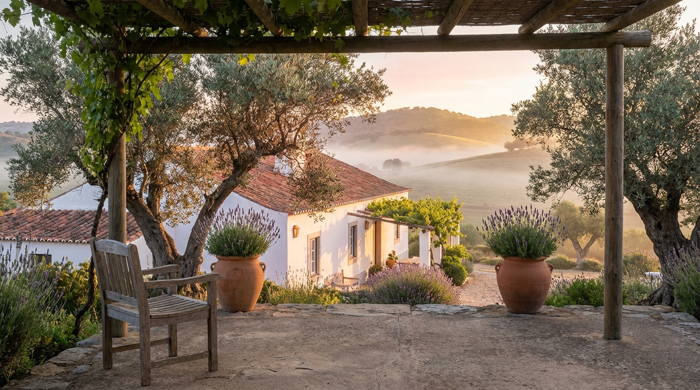 A traditional whitewashed Portuguese quinta at golden sunrise, surrounded by olive trees in the Alentejo