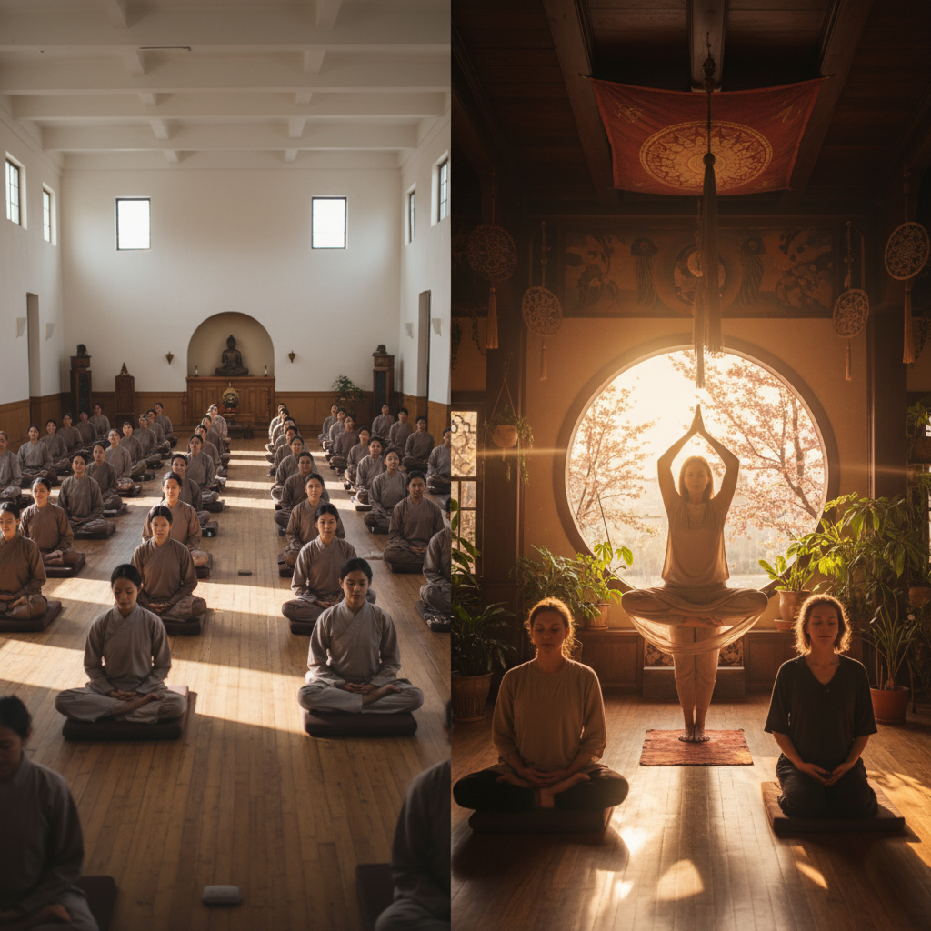 Comparison of Vipassana and Kundalini meditation practice spaces in retreat settings