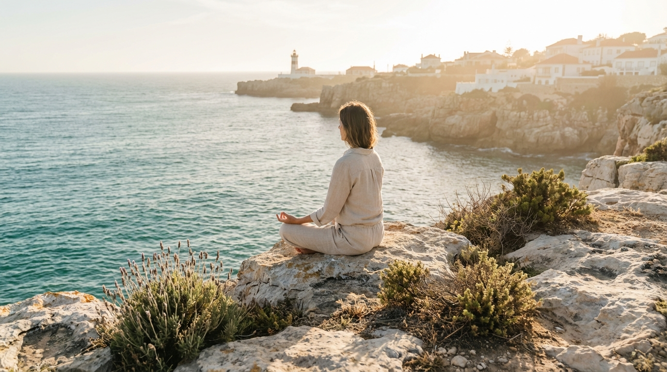A person sitting in quiet meditation on a cliff overlooking the Atlantic Ocean near Cascais, Portugal, at golden hour