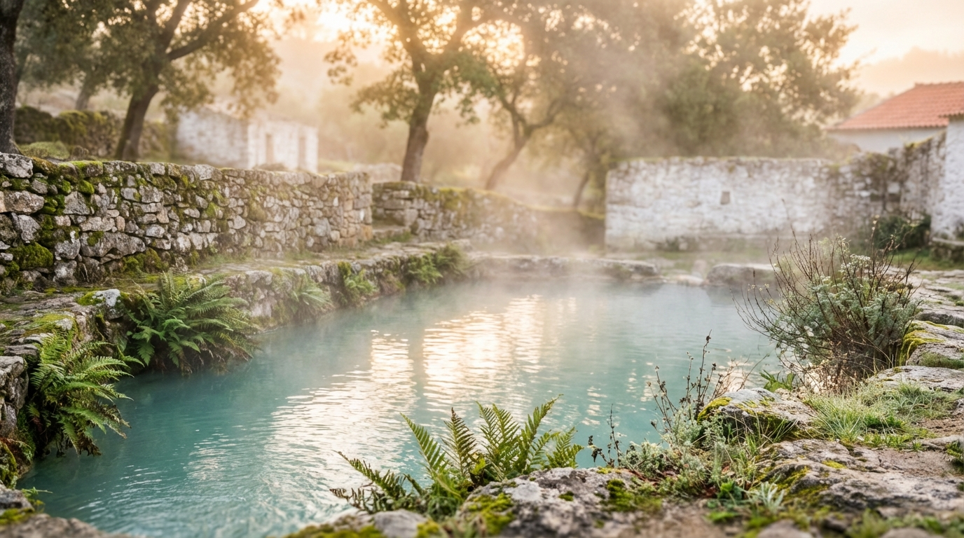 A natural thermal pool in the Portuguese mountains with steam rising from mineral-rich water, ancient stone walls, native vegetation, and soft morning light