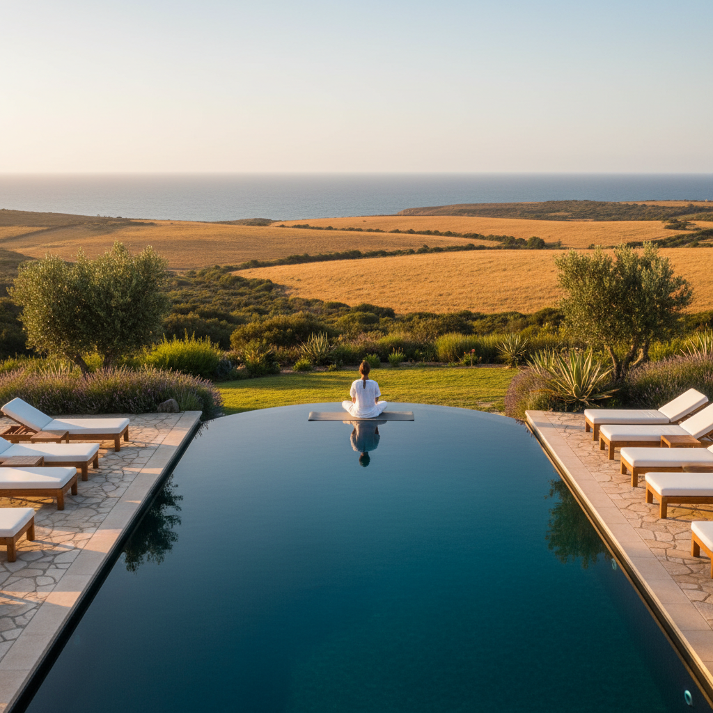 Infinity pool at Ruah Yoga Retreat Center overlooking Alentejo landscape at sunset