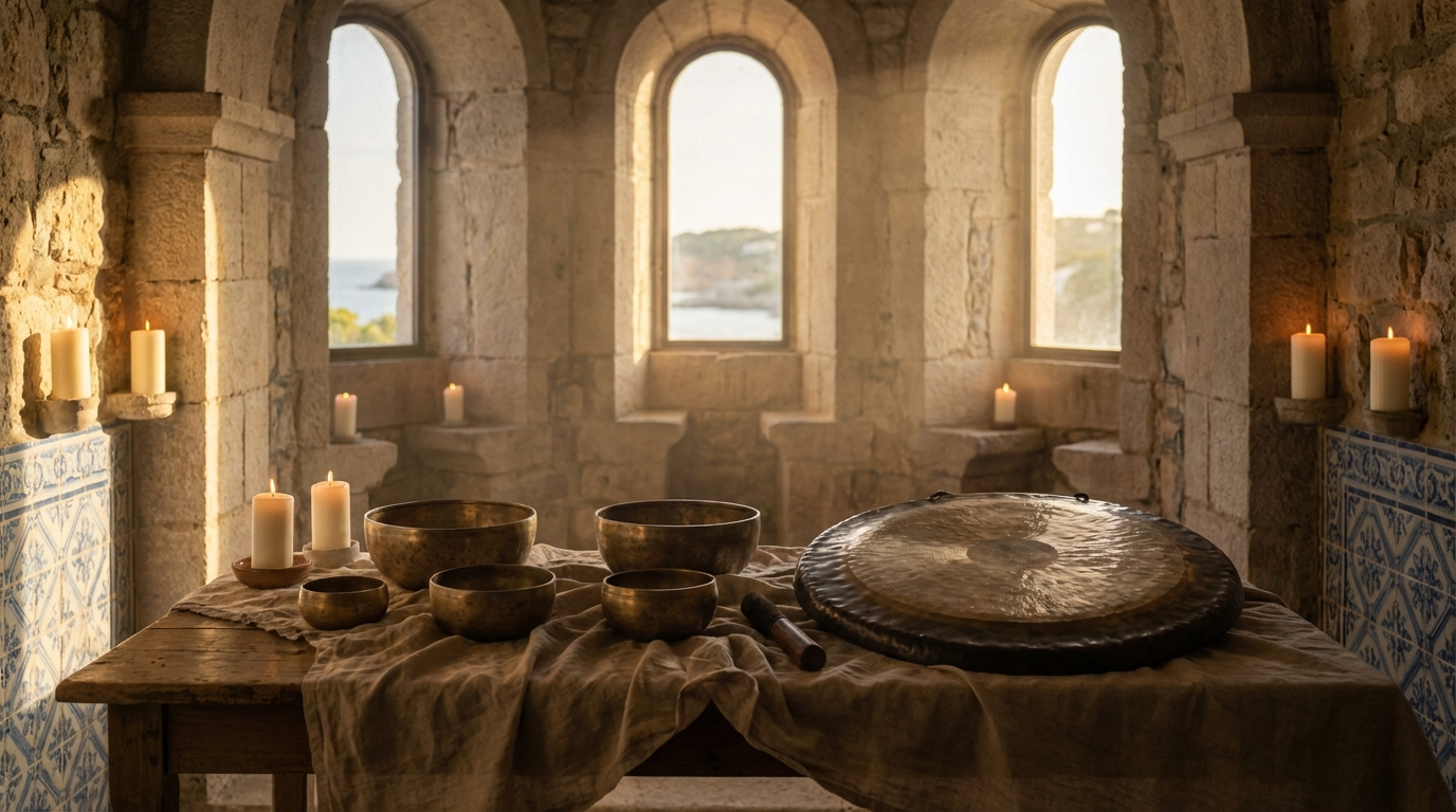 Tibetan singing bowls arranged on natural linen in a stone chapel in the Alentejo, Portugal, with soft candlelight and afternoon sunlight through arch windows