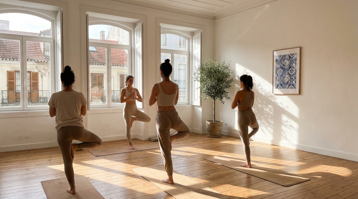 A bright airy yoga studio in Lisbon with wooden floors, natural light through large windows, and a small group in practice